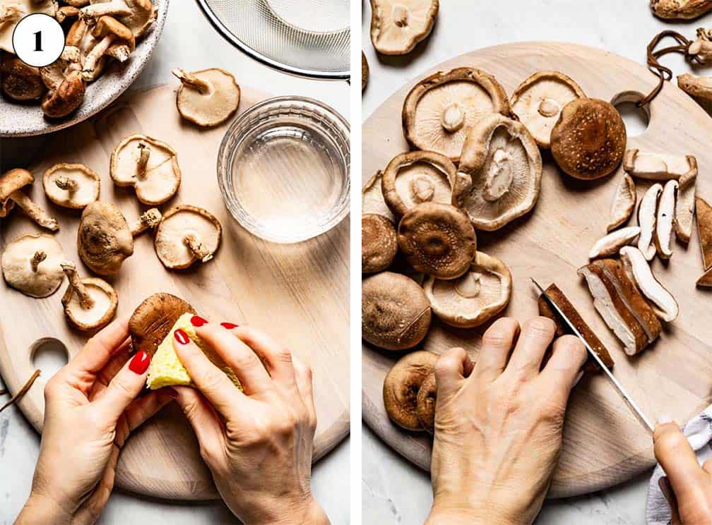 A collage of photos showing how to prepare shiitake mushrooms for cooking.